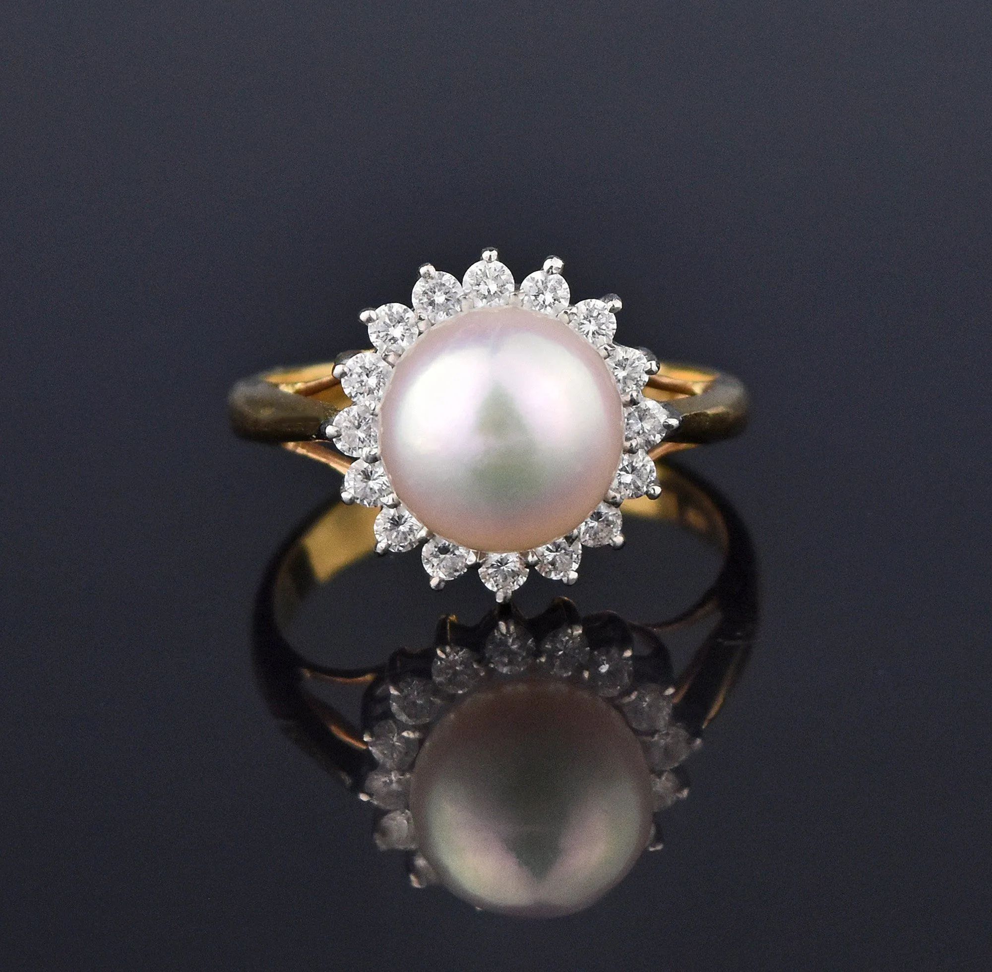 Retro 18K Gold Akoya Pearl Diamond Halo Ring