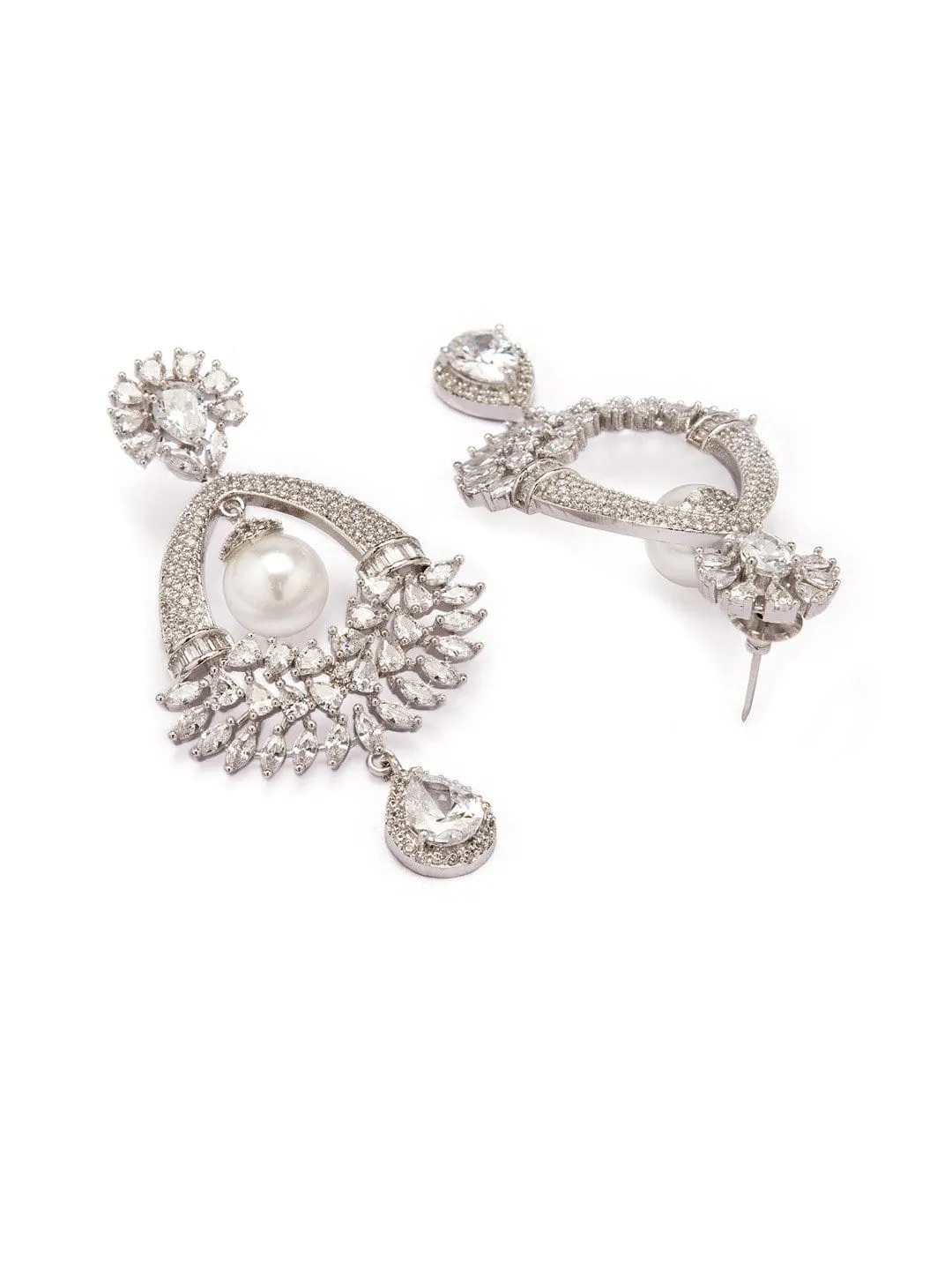 Rubans Silver Toned Elegant CZ Studded Pearl Drop  Earrings