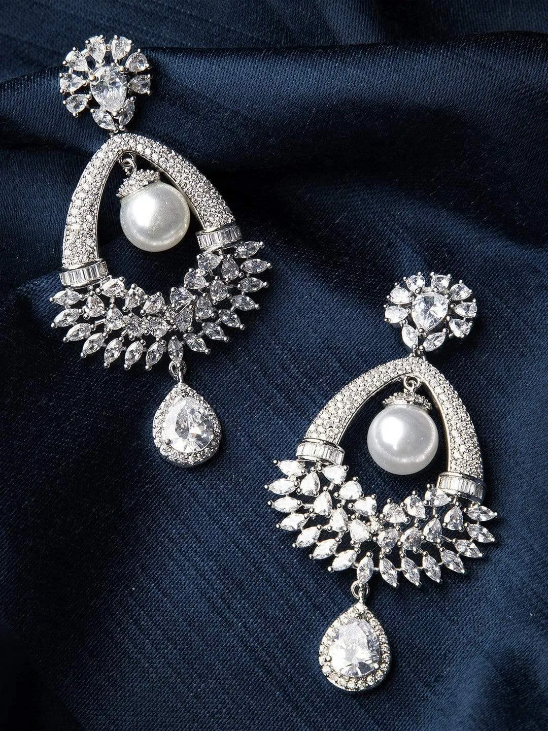 Rubans Silver Toned Elegant CZ Studded Pearl Drop  Earrings