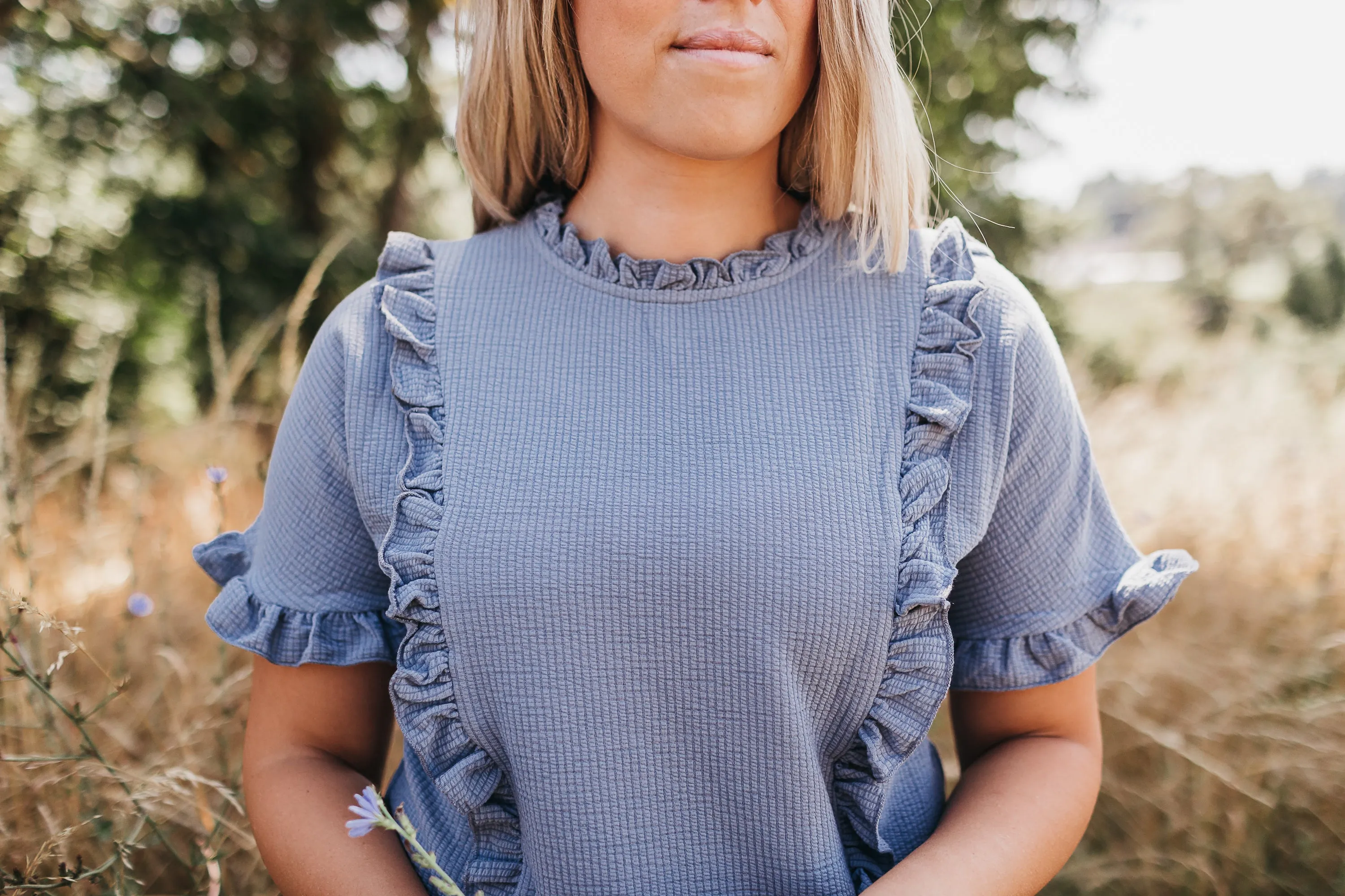 Ruffle Neck Tee in Denim Blue