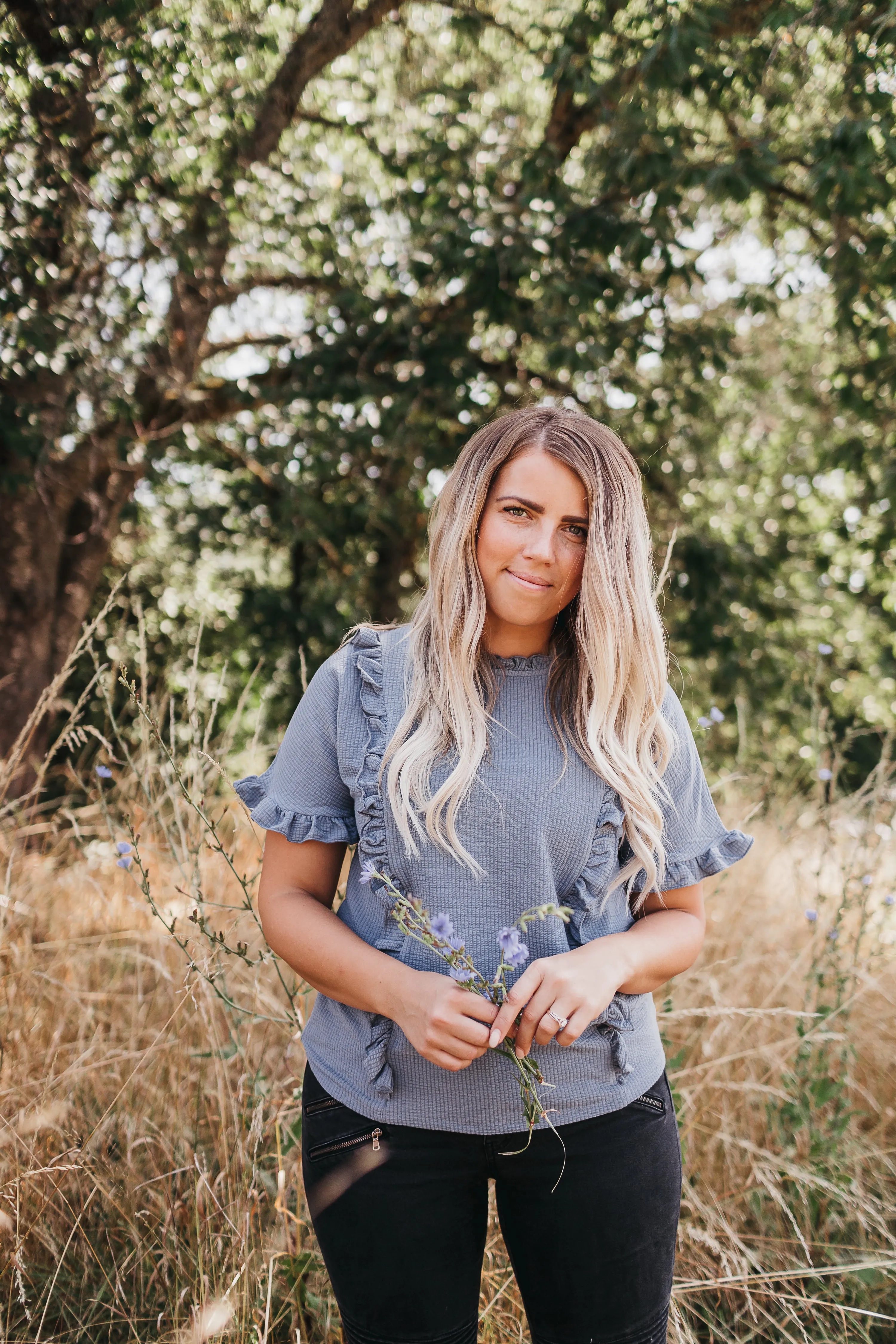 Ruffle Neck Tee in Denim Blue