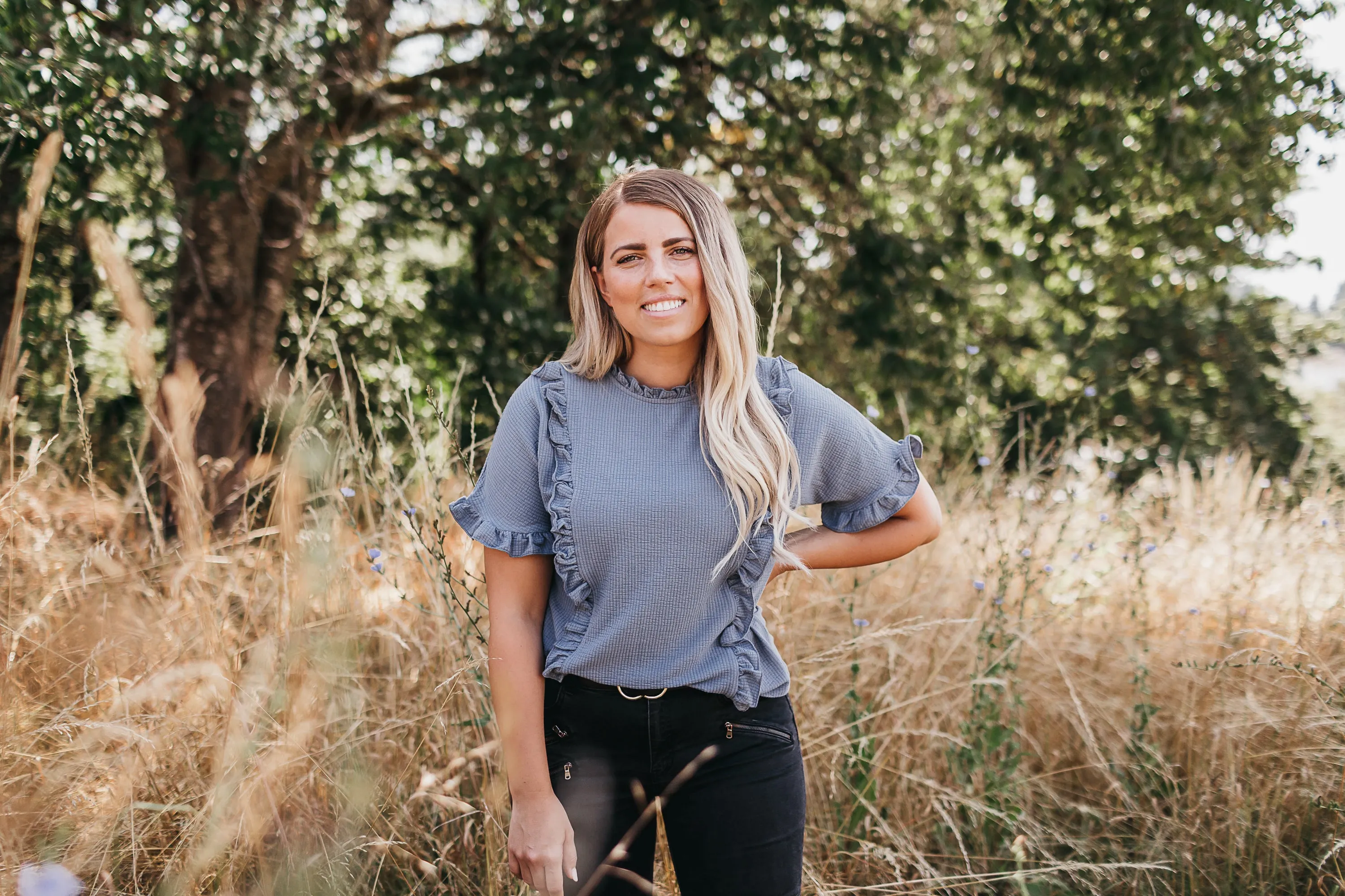 Ruffle Neck Tee in Denim Blue