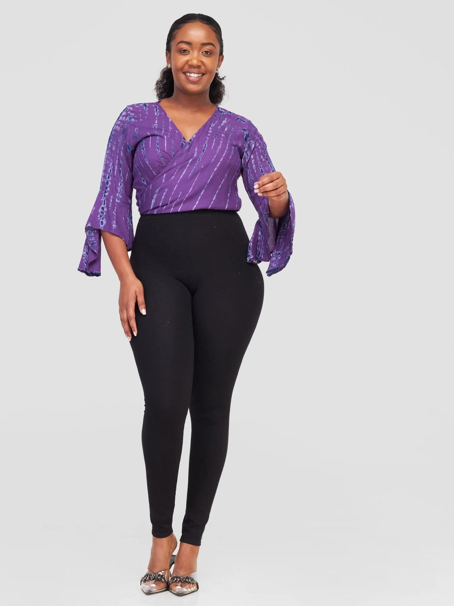 Sayuri Flare Sleeve Patterned Wrap Shirt - Purple