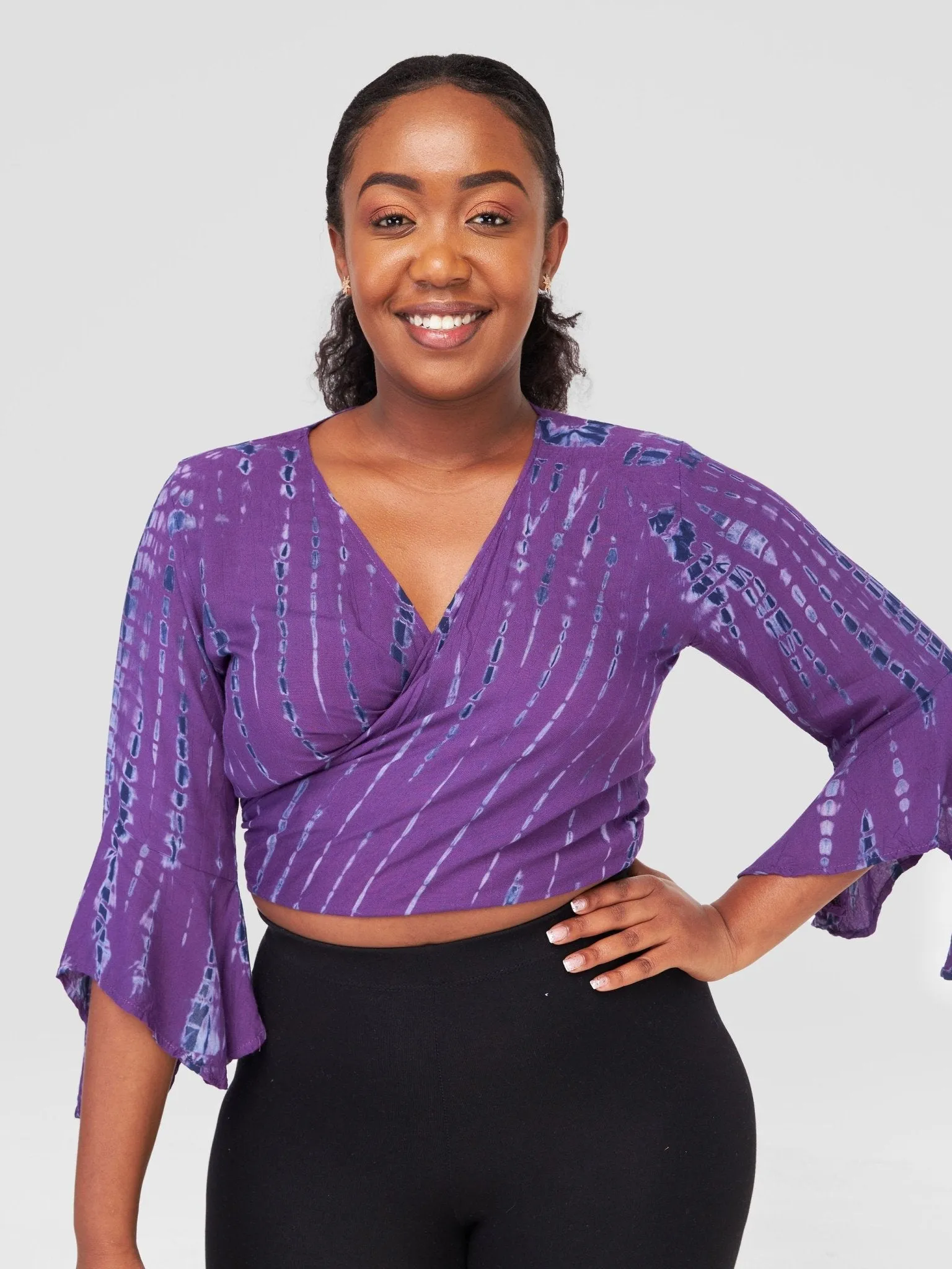 Sayuri Flare Sleeve Patterned Wrap Shirt - Purple