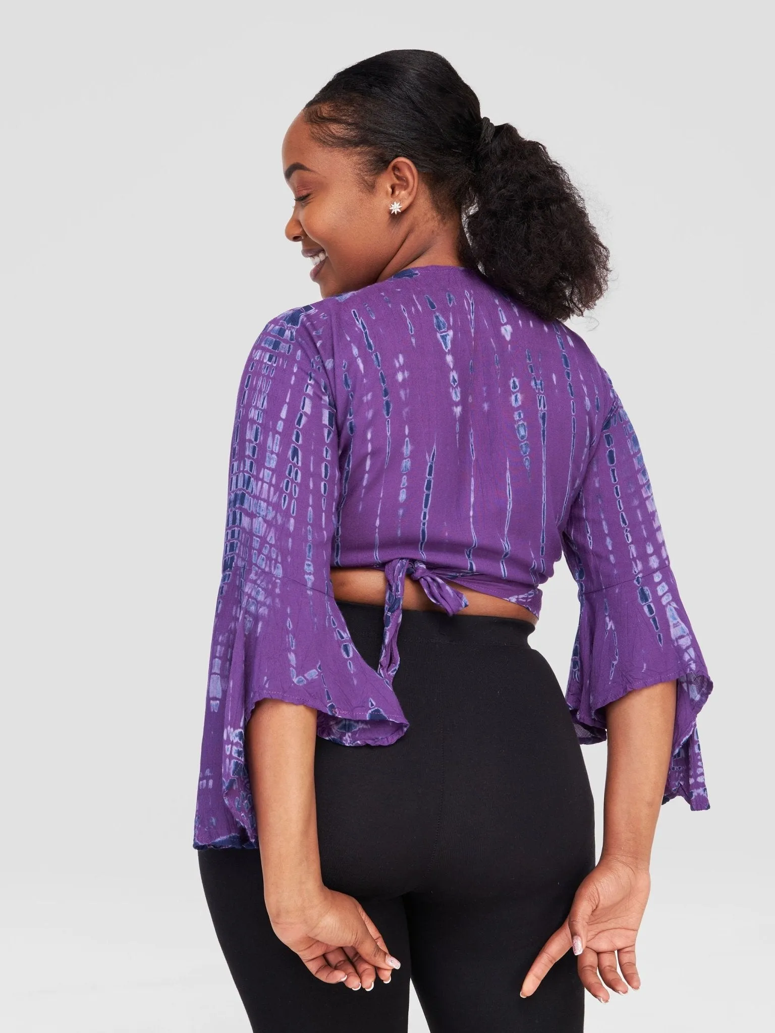 Sayuri Flare Sleeve Patterned Wrap Shirt - Purple