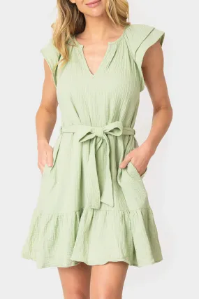 Seaside Flutter Sleeve Tiered Dress With Belt