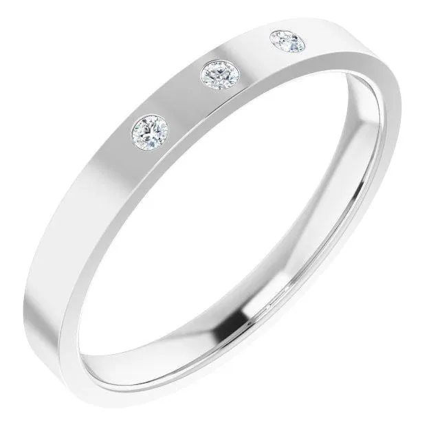 Sia Ring - Narrow 3 Diamond, Moissanite or Sapphire Flush Set Flat Wedding Band