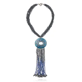 Sterling Silver Tassel Necklace With Metallic Light Green, Purple Enamel, Blue Sapphire, Blue Topaz, Lapis, Silver Spinel & Hematite