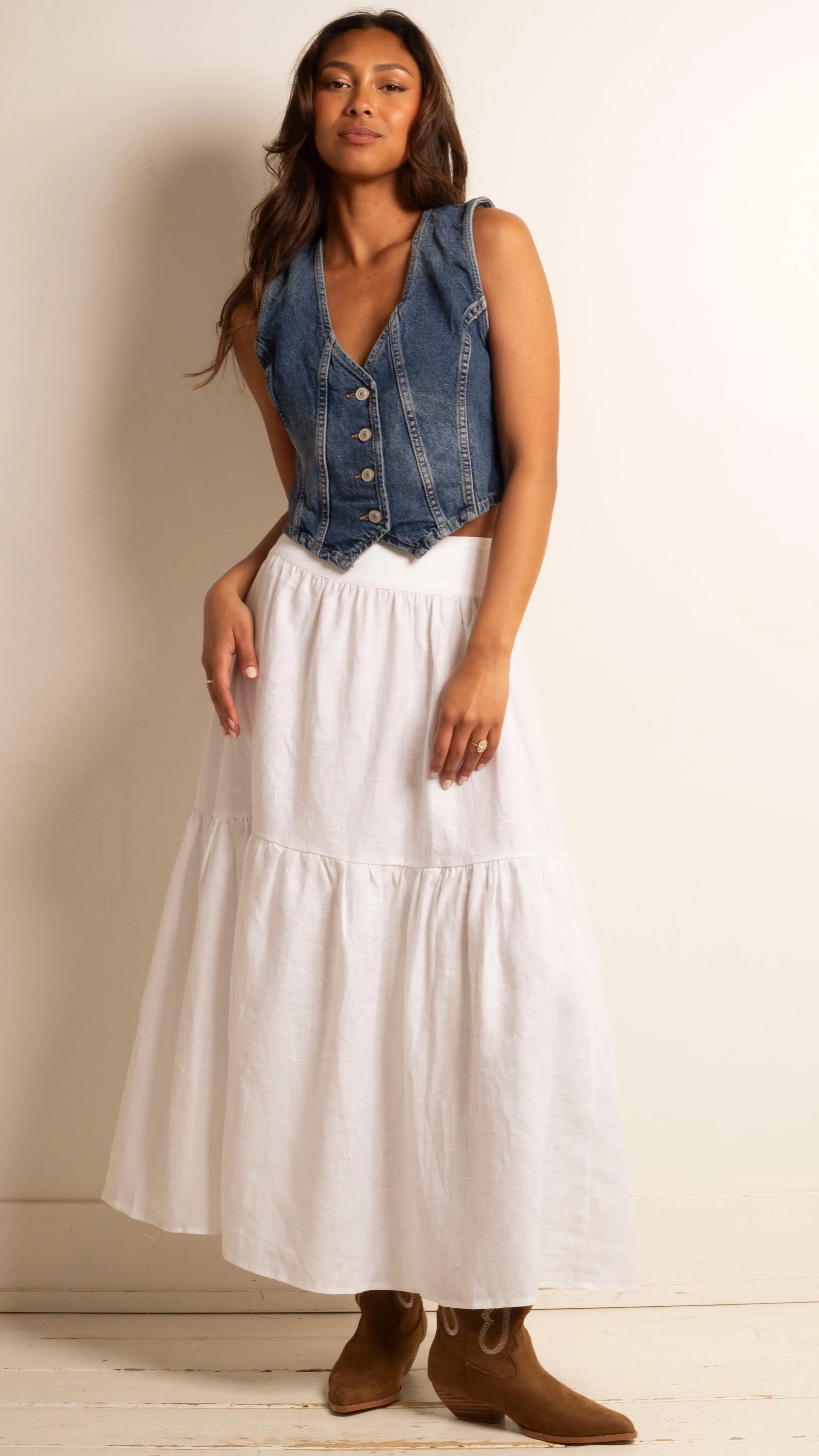 Summer Linen Tiered Maxi Skirt - White