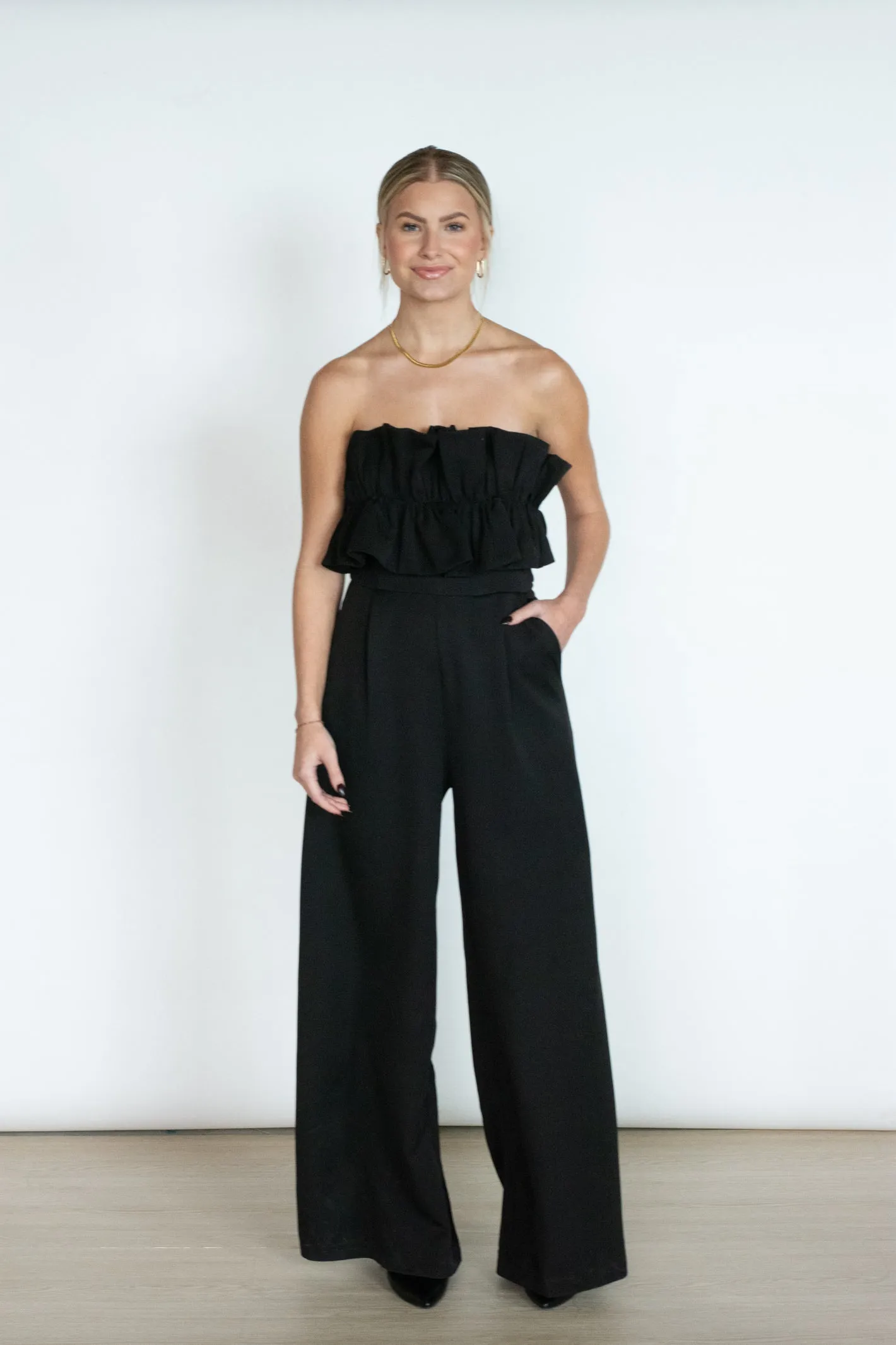 Swept Away with You Ruffled Strapless Jumpsuit