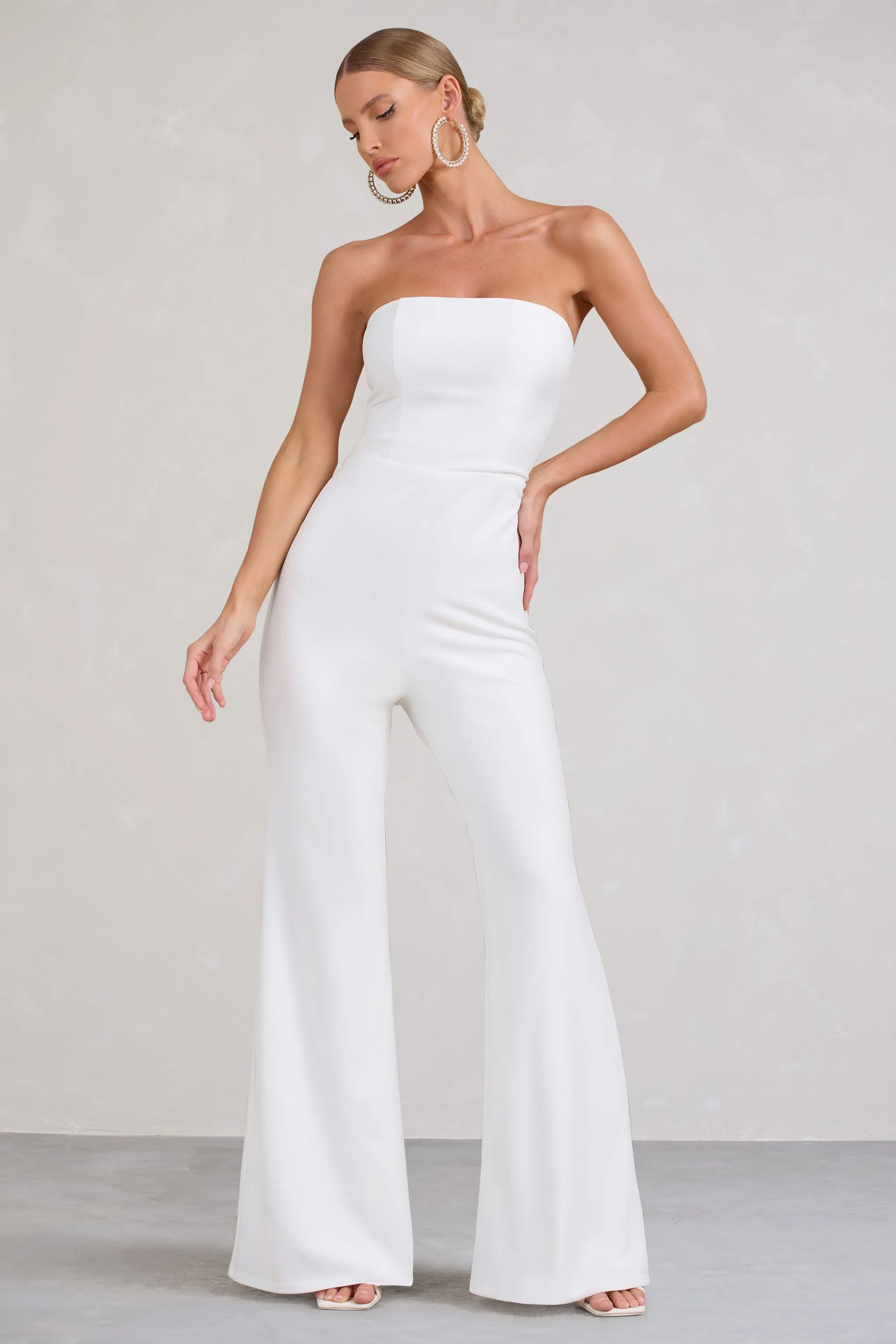 Tracey | White Strapless Bandeau Flared-Leg Jumpsuit