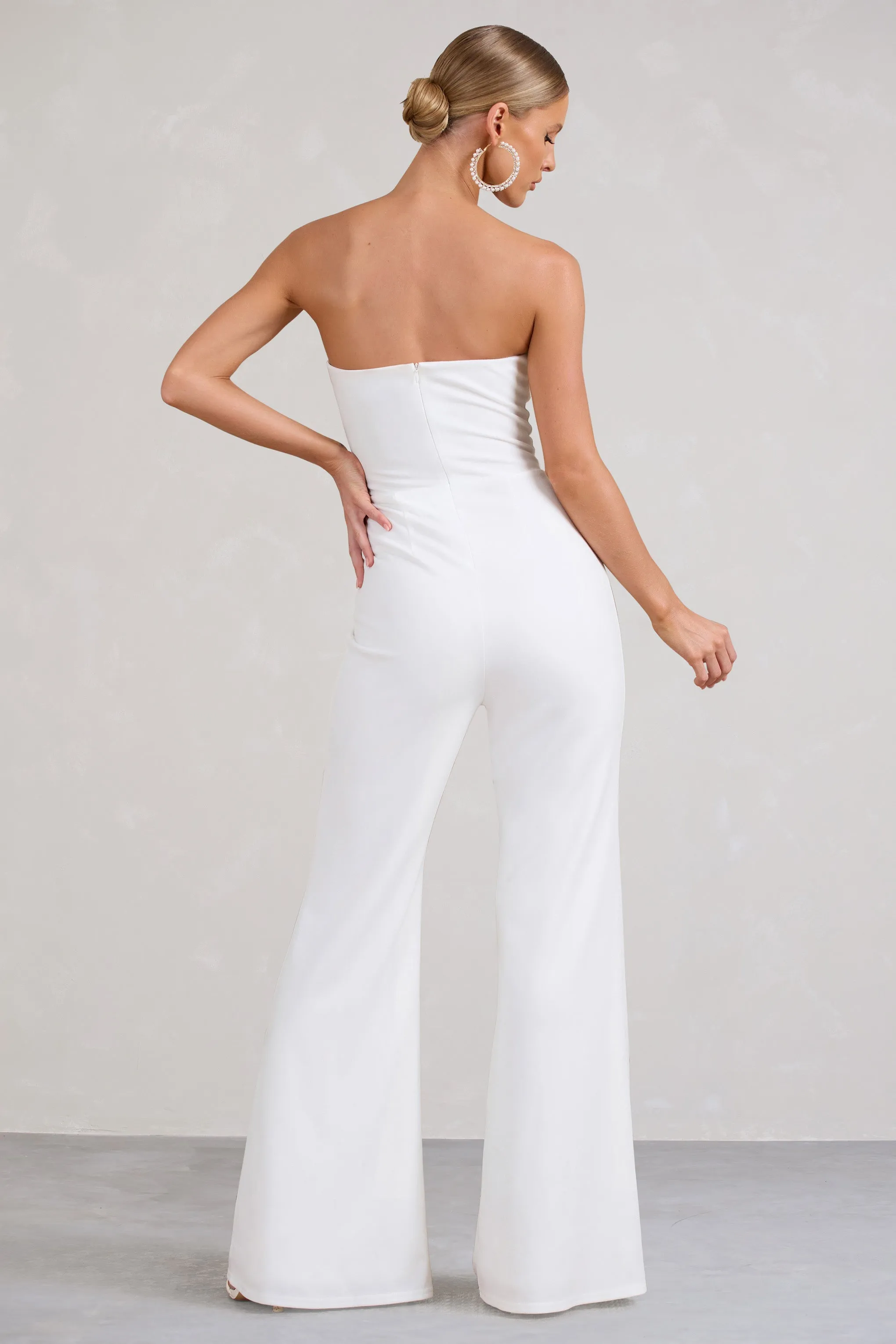 Tracey | White Strapless Bandeau Flared-Leg Jumpsuit