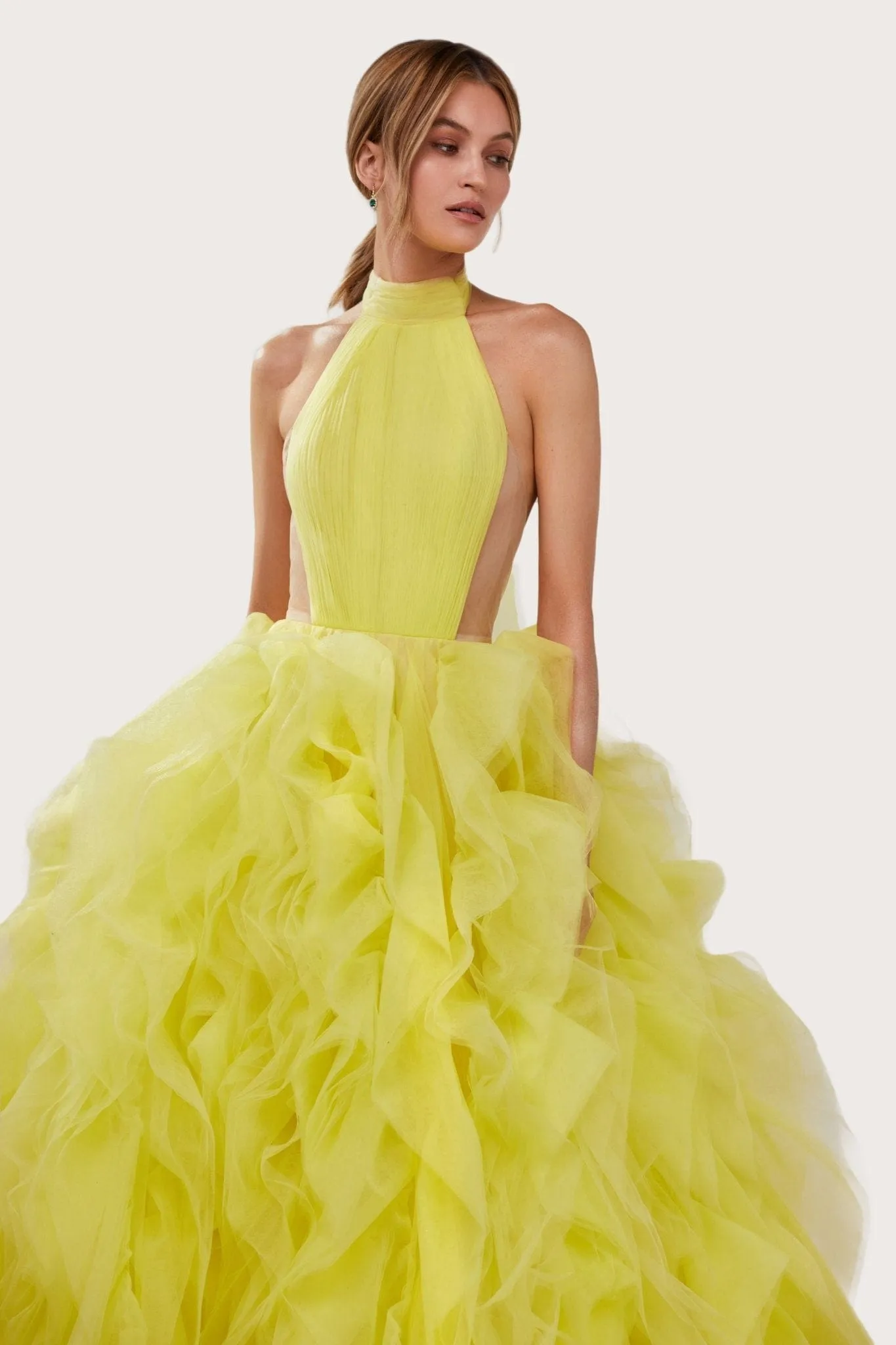 Turtleneck festive yellow evening gown