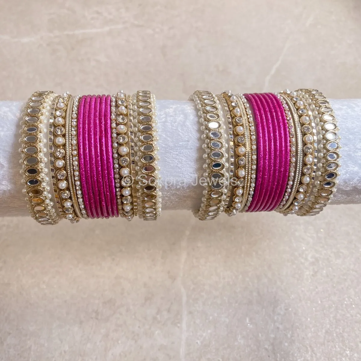 Urvi Mirror Bangle Set - Magenta