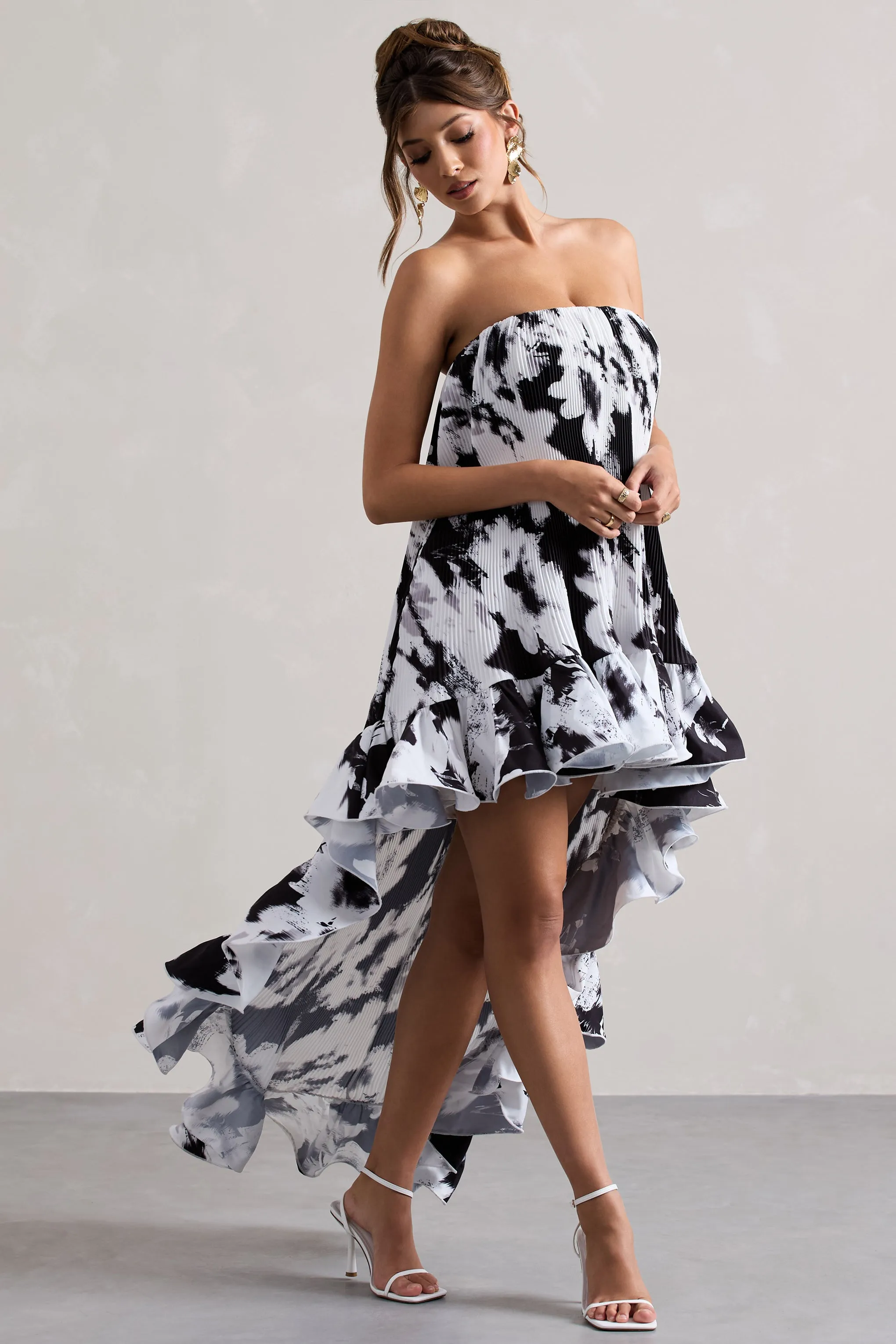 Whistler | Monochrome Floral Chiffon Bandeau High-Low Ruffled Maxi Dress