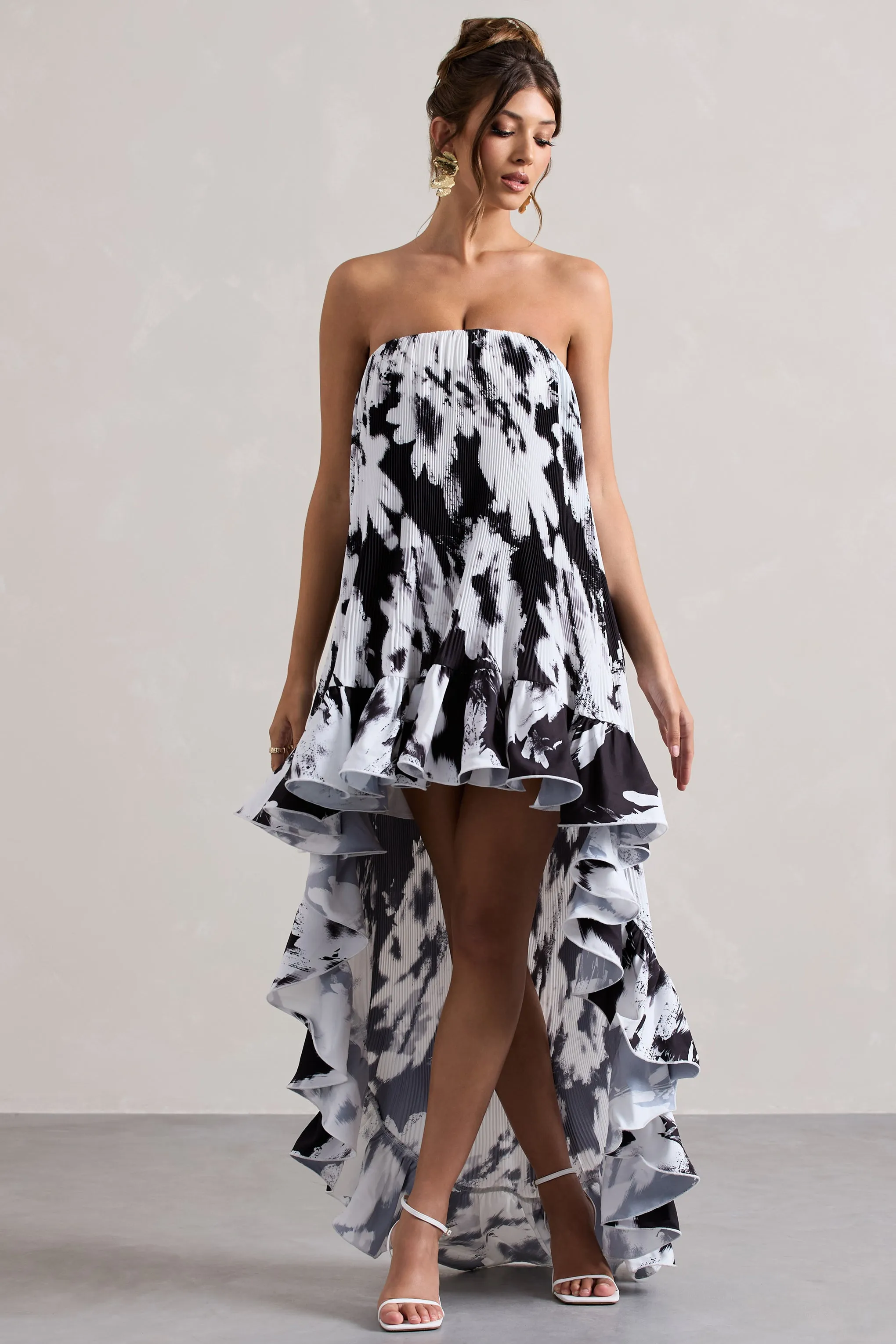 Whistler | Monochrome Floral Chiffon Bandeau High-Low Ruffled Maxi Dress