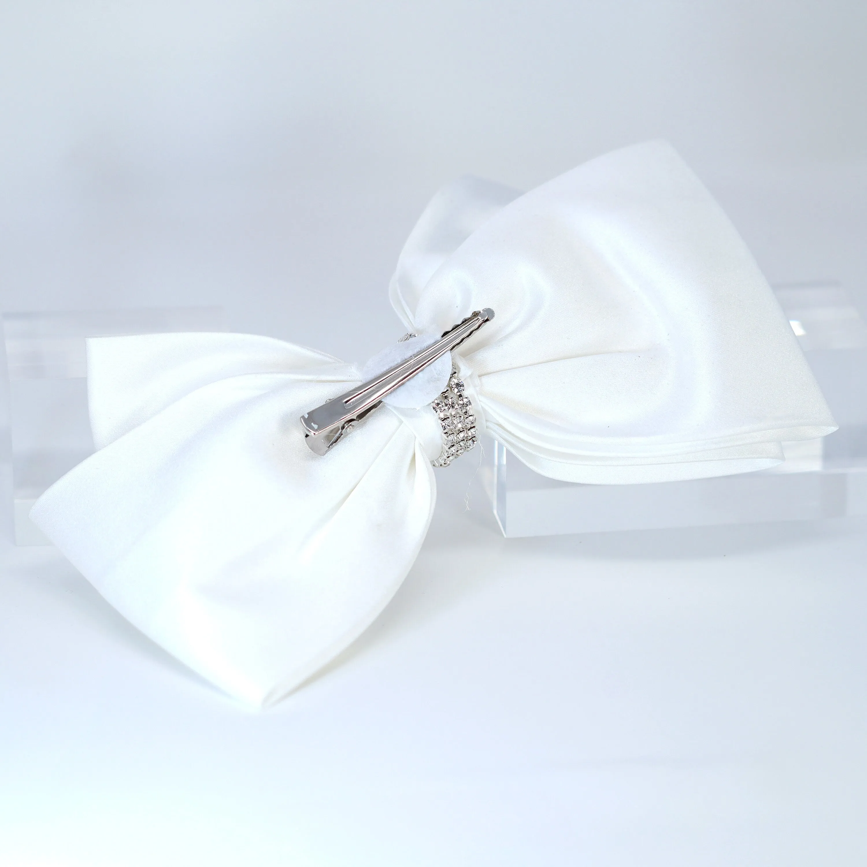 White Satin Bow With Crystals Bridal Hair Clip, Bridesmaid Gift, Wedding Hair Accessory, Large Hair Clip.