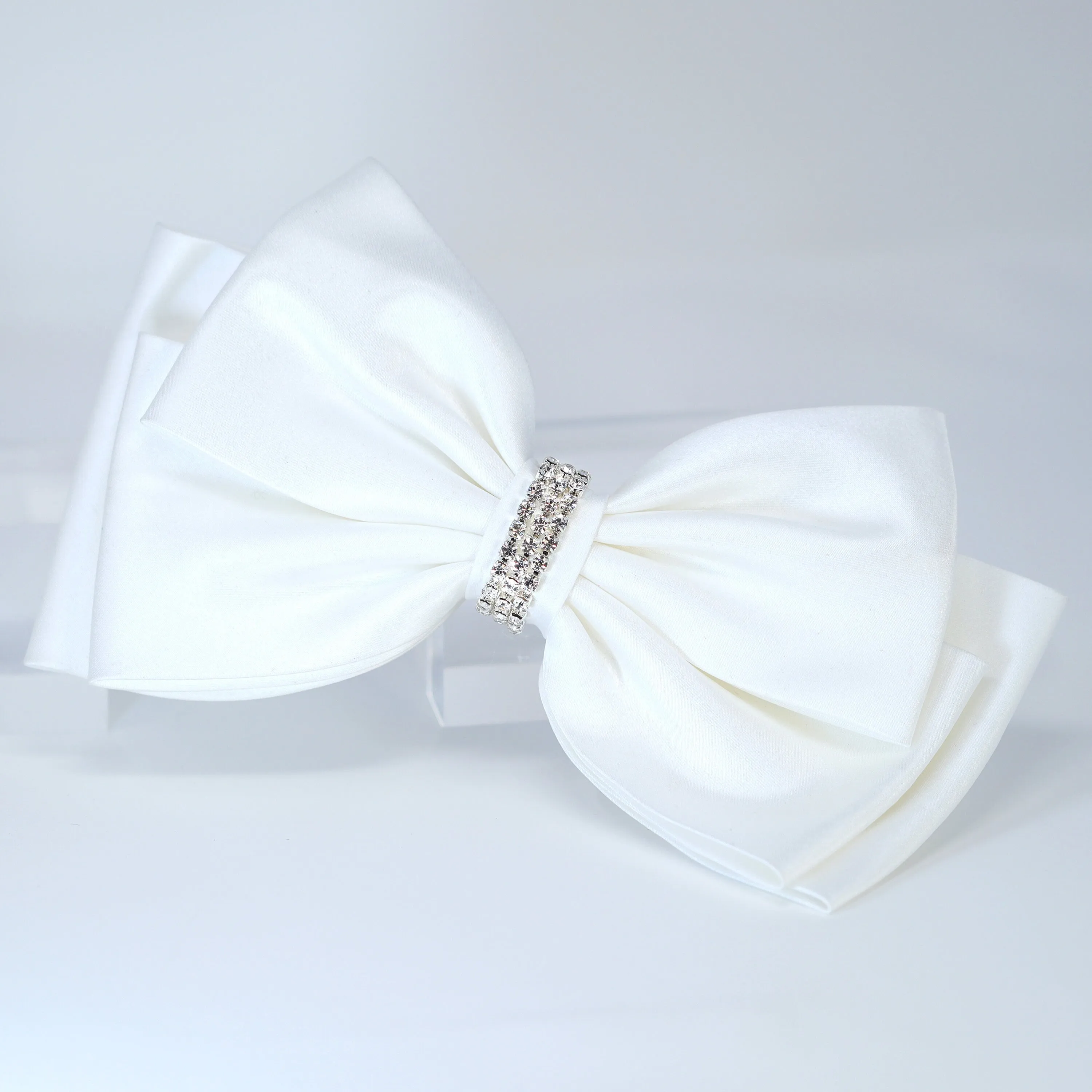 White Satin Bow With Crystals Bridal Hair Clip, Bridesmaid Gift, Wedding Hair Accessory, Large Hair Clip.