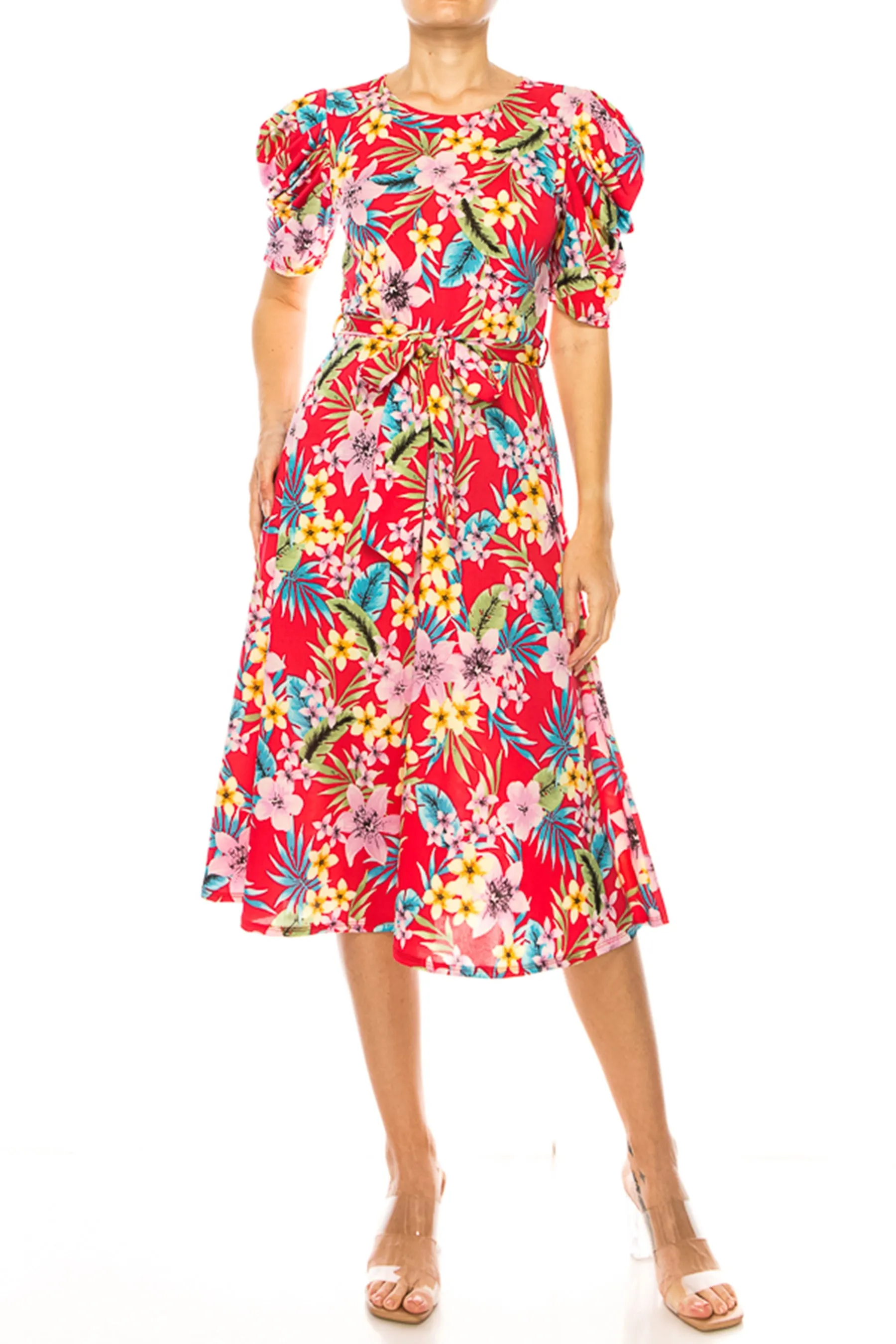 Women's Elegant Printed Midi Dress with Puff Sleeves and Sash Tie