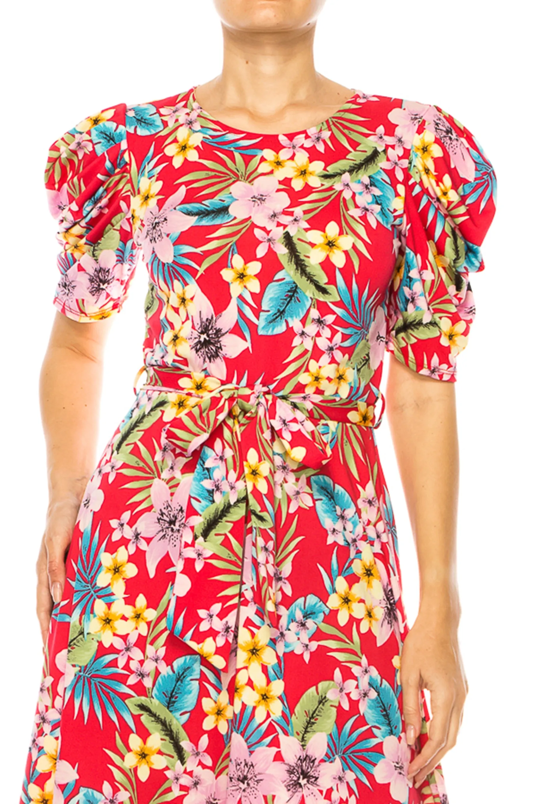 Women's Elegant Printed Midi Dress with Puff Sleeves and Sash Tie