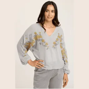 XCVI Floral Embroidery Cinch-Waist Dolman Sleeve Blouse in  Soft Pebble Pigment - Black