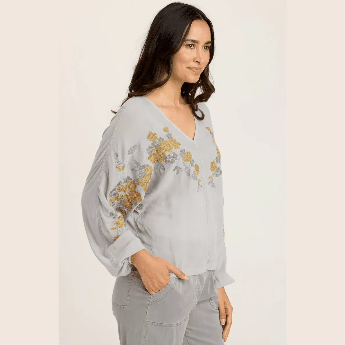 XCVI Floral Embroidery Cinch-Waist Dolman Sleeve Blouse in  Soft Pebble Pigment - Black